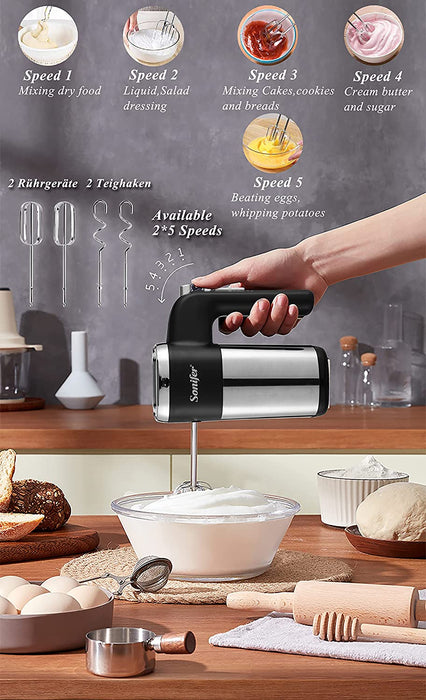 Handmixer Edelstahl 500W Elektrischer Mixer Handrührer , 5 Stufen plus Turbostufe, Auswurftastendesign, spülmaschinengeeignet, Knethaken, Schneebesen