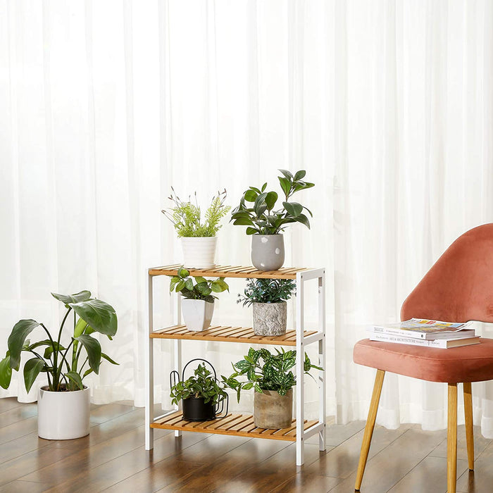 Badezimmerregal, Badregal, Küchenregal, Schuhregal, Bambus Standregal, 60 x 26 x 66 cm ideal für Bad, Wohnzimmer, Flur, Küche, naturfarben-weiß