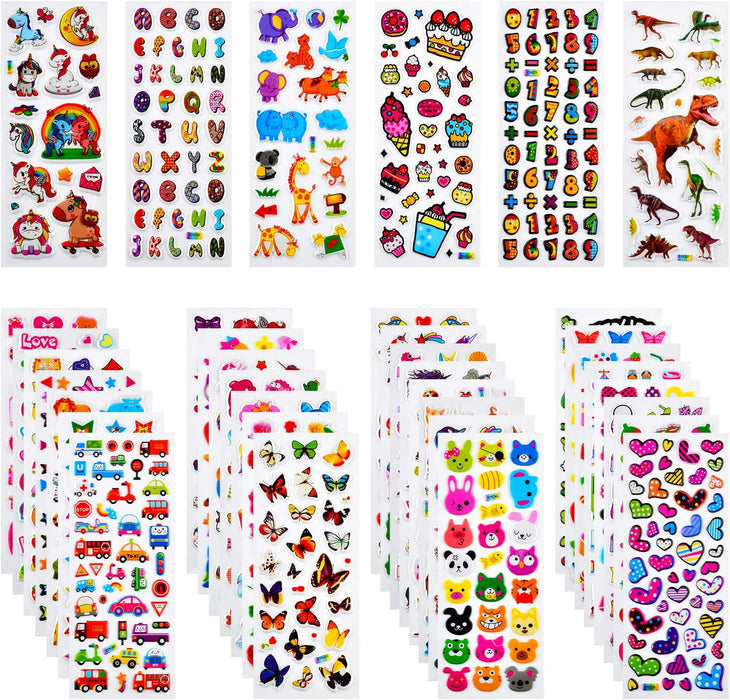 3D Aufkleber für Kinder & Kleinkinder, 920+ Geschwollen Stickers, Niedliche Verschiedene Set, Tier, Obst, Zahlen, Schmetterlinge, Einhorn (36 Bogen)