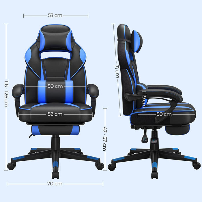 Gamingstuhl, Schreibtischstuhl mit Fußstütze, Bürostuhl mit Kopfstütze und Lendenkissen, höhenverstellbar, ergonomisch, 90-135° Neigungswinkel