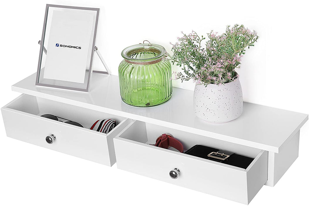 Wandregal, Schweberegal mit 2 Schubladen, Hochglanzoberfläche, bis 15 kg belastbar, 65 x 15 x 10 cm, Flur, Wohnzimmer und Küche, weiß