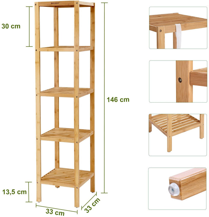 5-stöckiges Badezimmerregal aus Bambus, Standregal, Küchenregal, 33 x 33 x 146 cm, schmal für enge Räume, Wohnzimmer, Schlafzimmer