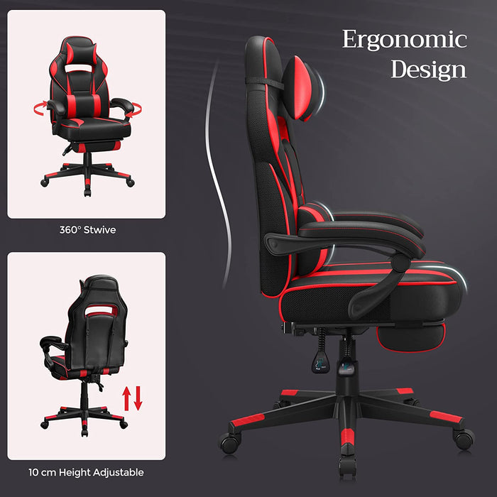 Gamingstuhl, Schreibtischstuhl mit Fußstütze, Bürostuhl mit Kopfstütze und Lendenkissen, höhenverstellbar, ergonomisch, 90-135° Neigungswinkel