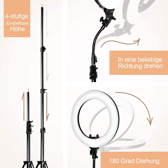 10.2 Zoll LED Ringlicht mit 15-63 Zoll Stativ, Dimmbare Selfie Ringleuchte mit Handyhalter und Fernbedienung, 3 Farbe und 10 Helligkeitsstufen für YouTube TikTok