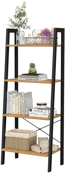 Standregal, Bücherregal, 4 Ebenen Leiterregal, stabiles Metallgestell, einfache Montage, für Wohnzimmer, Schlafzimmer, Küche, honigbraun-schwarz