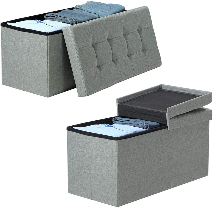 Sitzbank mit Stauraum, Sitztruhe mit Klappdeckel, Aufbewahrungsbox, faltbar, max. statische Belastbarkeit 300 kg, 80 L, 76 x 38 x 38 cm, Leinenimitat, hellgrau