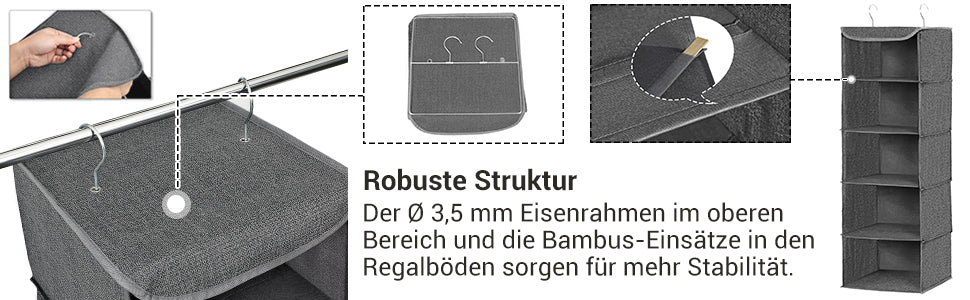 Hängeregal, Kleiderschrank-Organizer, Hängeaufbewahrung, für Kleidung, platzsparend und faltbar, Metallhaken, Bambus-Einsätze, leinenartige Textur, grau