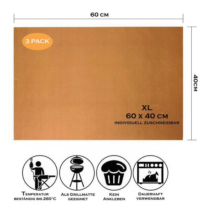 Premium Dauerbackfolie (3er Set) extra Groß zum Grillen und Backen - Grillmatte 3 Stück 40x60 cm zuschneidbar