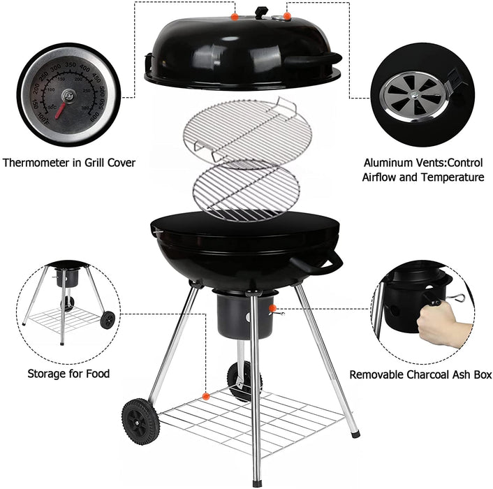 Holzkohlegrill, Durchmesser 56 cm, Grillwagen mit 2 Rosten, 2 Räder, BBQ Kugelgrill für Camping, Gartenparty und Familienferien (Schwarz)
