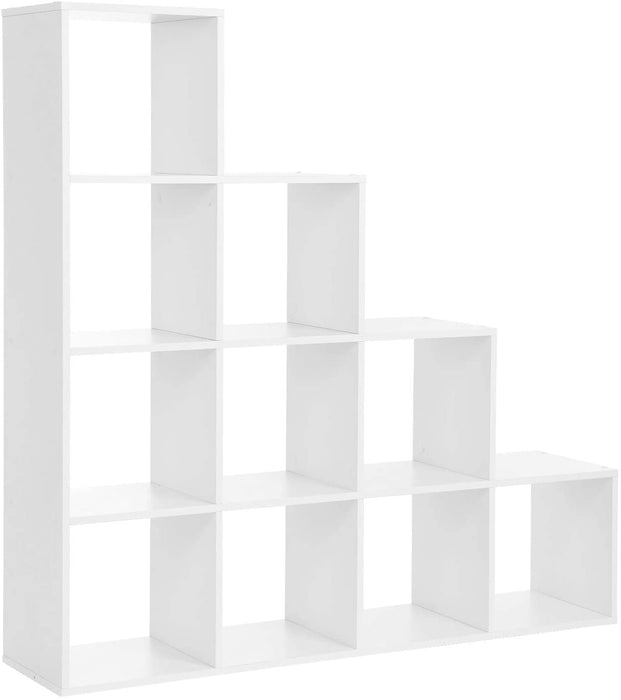 Bücherregal, Treppen, 10 Würfel-Fächer, Ausstellungsregal aus Holz, freistehendes Regal, Raumteiler, Weiß