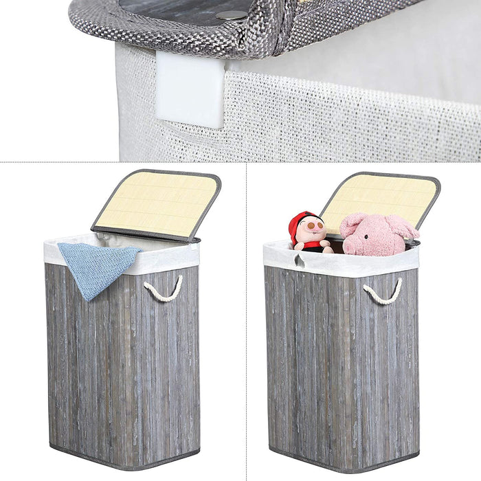Wäschekorb 72 L, Wäschesammler aus Bambus, Wäschetruhe mit Griffen, Deckel mit Clips, faltbar, Wäschesack herausnehmbar, Vintage, grau