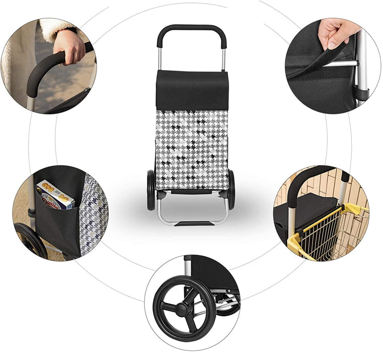 Einkaufstrolley, Einkaufswagen, mit Rädern, Fassungsvermögen 40 L, mit Taschen, leisen Rädern und Haken, 47 x 33 x 97 cm, stabil und robust