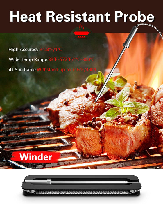 Bluetooth Grillthermometer, Digital Funk BBQ Thermometer mit 2 Sonden Fleischthermometer Bratenthermometer für Küche, Ofen, Fleisch und Flüssigkeit