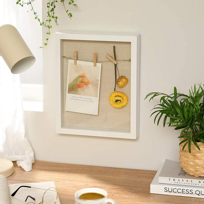 Bilderrahmen 3D, Box, Fotorahmen mit Schnur, kleinen Wäscheklammern und Stecknadeln, DIY, Leinenoberfläche und Polsterung an der inneren Rückseite