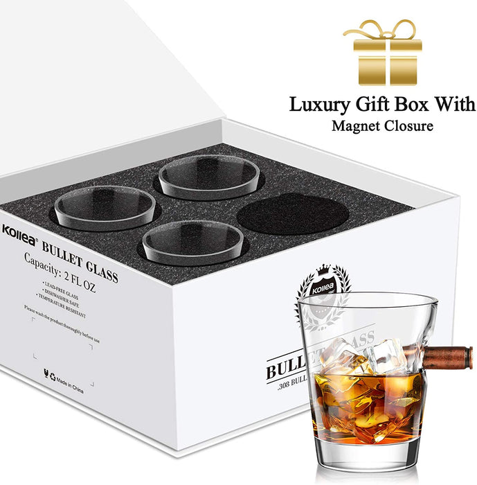 4er Schnapsgläser Shotgläser Set, Whiskey Gläser mit Realem Geschoß Cal.308, Shot Gläser, Kristall Whiskygläser-Set Geschenk für Tequila