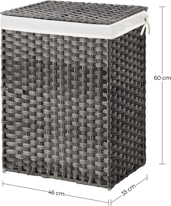 Wäschekorb handgeflochten, 90 L, Wäschesammler aus synthetischem Rattan, mit Deckel und Griffen, faltbar, Wäschesack herausnehmbar, grau
