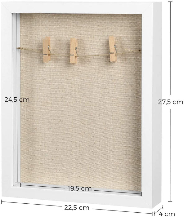 Bilderrahmen 3D, Box, Fotorahmen mit Schnur, kleinen Wäscheklammern und Stecknadeln, DIY, Leinenoberfläche und Polsterung an der inneren Rückseite