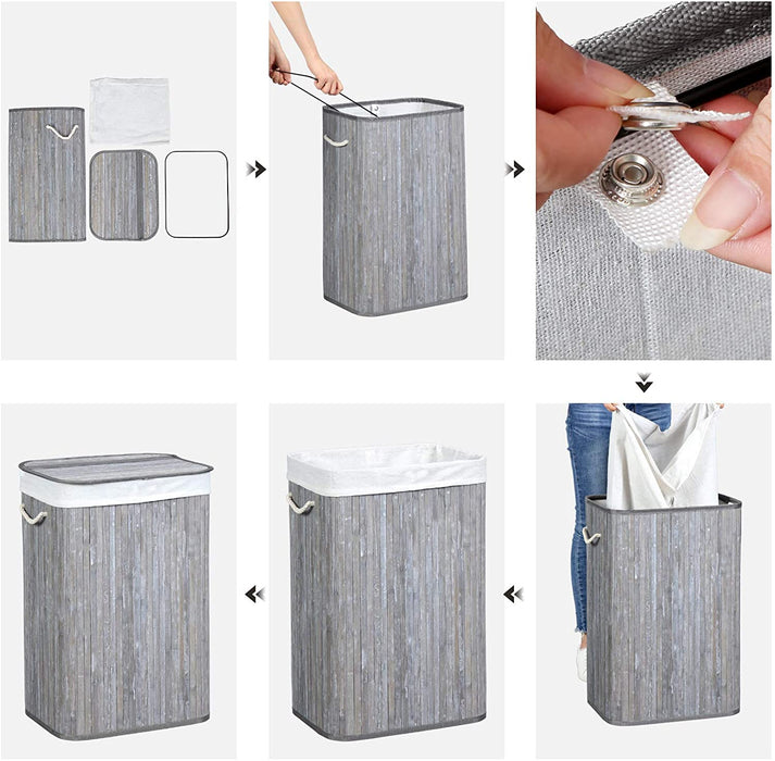 Wäschekorb 72 L, Wäschesammler aus Bambus, Wäschetruhe mit Griffen, Deckel mit Clips, faltbar, Wäschesack herausnehmbar, Vintage, grau