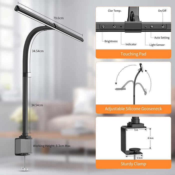 Schreibtischlampe LED,24W Schreibtischlampe klemmbar, Augenschutz Verstellbarer Schwanenhals Klemmleuchte, Dimmbar Architektenlampe