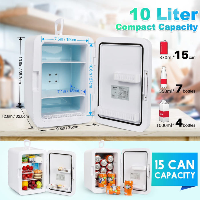 Mini Kühlschrank, 10 Liter / 15 Dosen Fridge mit Kühl/Heizfunktion und AC/DC Stromversorgung, Tragbare Kosmetik Kühlschrank