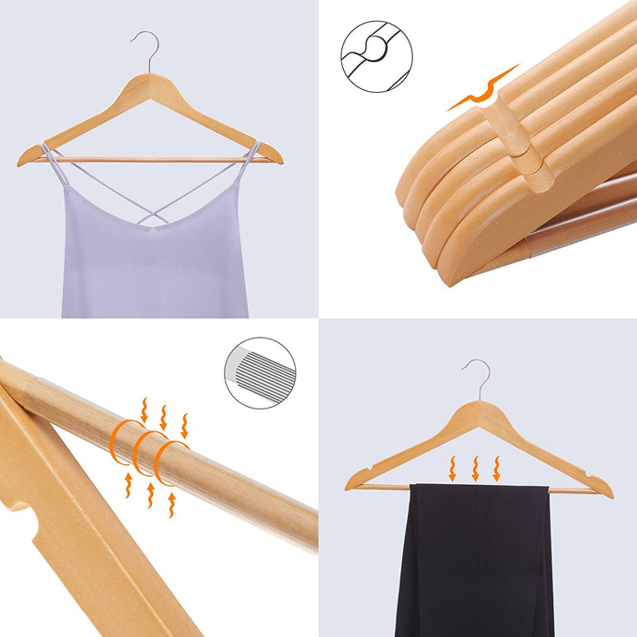 Kleiderbügel aus Massivholz, 30er Set, Holzbügel mit rutschfestem Hosensteg und Einkerbungen, um 360° drehbarer Haken, für Mäntel, Anzüge, Kleider