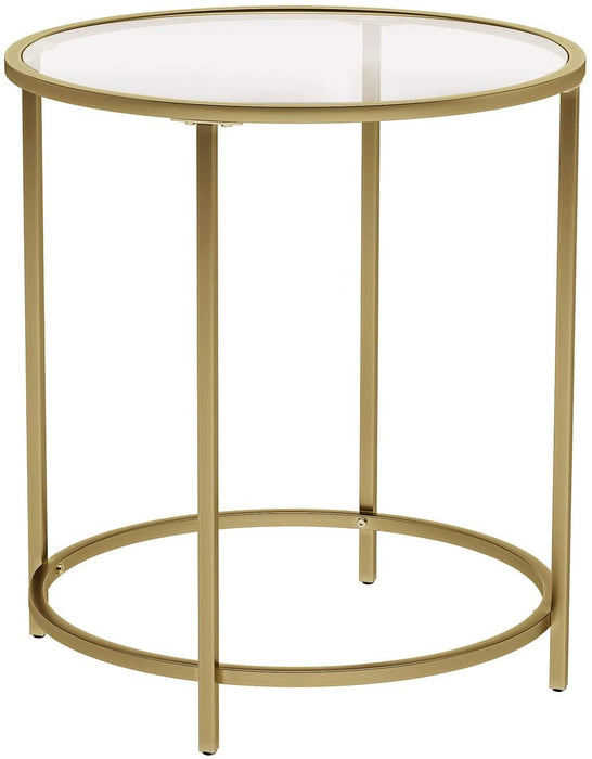 Beistelltisch rund, Glastisch mit goldenem Metallgestell, Kleiner Couchtisch, Nachttisch, Sofatisch, Balkon, Robustes Hartglas, dekorativ, Gold