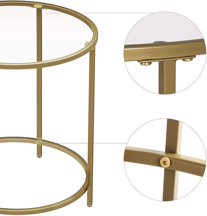 Beistelltisch rund, Glastisch mit goldenem Metallgestell, Kleiner Couchtisch, Nachttisch, Sofatisch, Balkon, Robustes Hartglas, dekorativ, Gold