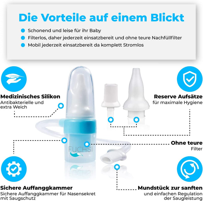 Nasensauger | Medizinisches Silikon | Filterlos & Endlosverwendbar | Praktische 1 Hand-Bedienung | + Reserve 1x Nase- & 1x Mund-Aufsatz 