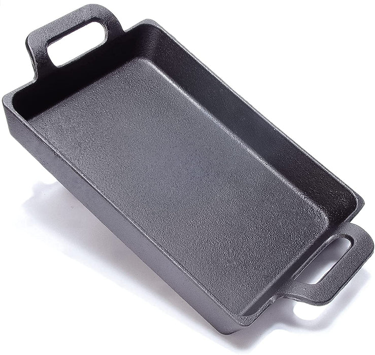 Grillpfanne Gusseisen Bratpfanne,Gleichmäßige Erwärmung Gusseisenpfanne mit Zwei Henkeln, Rechteck Gusspfanne Backform, multifunktionales Feuerpfanne