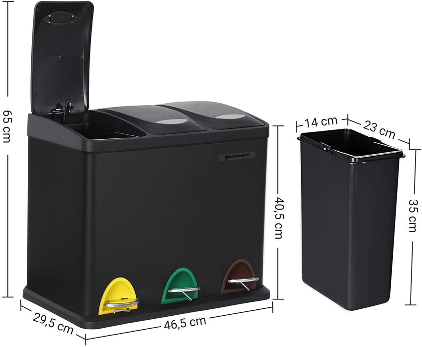 Mülleimer für die Küche, Treteimer aus Metall, 3-in-1 Abfalleimer, 24 Liter, Mülltrennung, Mülltrennsystem, einfach zu reinigen, Stahl, schwarz