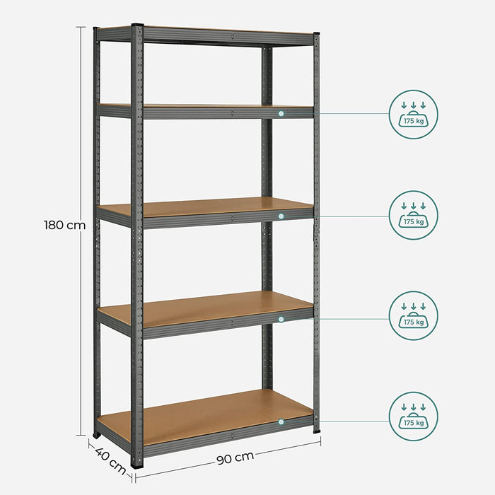 Lagerregal, Schwerlastregal, Kellerregal, 180 x 90 x 40 cm, bis 875 kg belastbar, 5 verstellbare Ablagen, Metallregal, Steckregal, Werkstattregal
