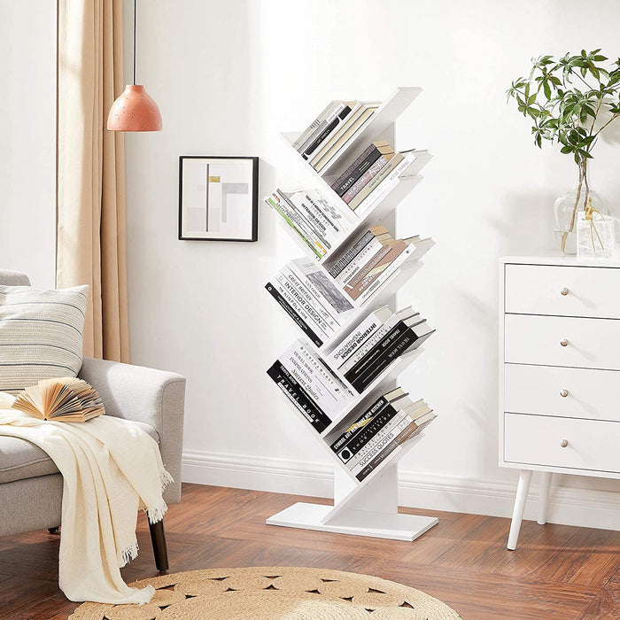 Bücherregal, Standregal, mit 8 Ebenen, DVD-Regal, in Baumform, für Wohnzimmer, Arbeitszimmer, Kinderzimmer, Büro, weiß