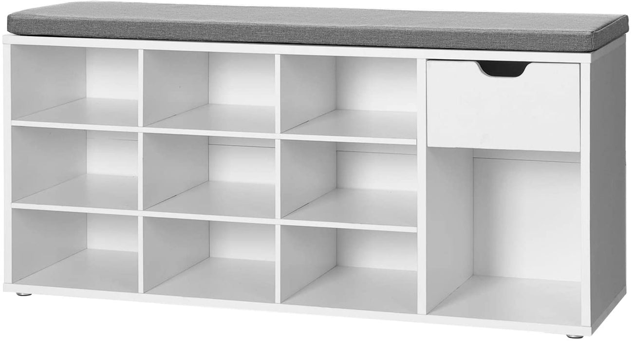 Schuhbank, Schuhregal mit Schublade und offenen Fächern, Sitzbank, gepolsterter Sitz, Flur, Schlafzimmer und Eingangsbereich, 104 x 30 x 48 cm, weiß