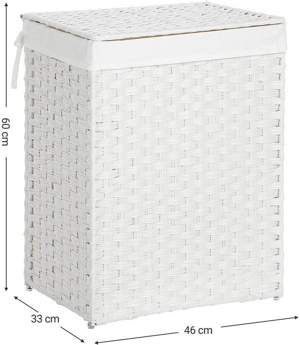 Wäschekorb handgeflochten, 90 L, Wäschesammler aus synthetischem Rattan, mit Deckel und Griffen, faltbar, Wäschesack herausnehmbar, weiß