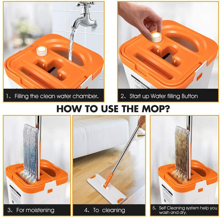 Bodenwischer mit Eimer Set, Flacher Wischmopp und 6 Mikrofaser Pads, Flachmopp für Bodenreinigung - Hergeben 1 Reinigungsbürste