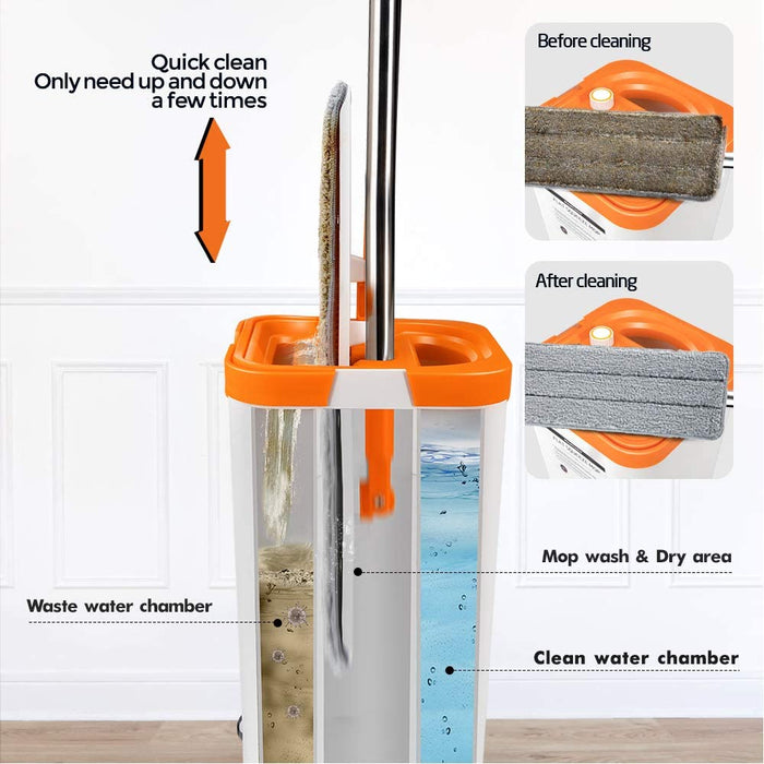 Bodenwischer mit Eimer Set, Flacher Wischmopp und 6 Mikrofaser Pads, Flachmopp für Bodenreinigung - Hergeben 1 Reinigungsbürste