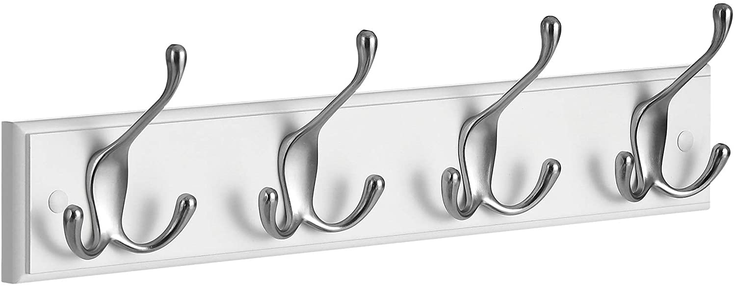 Wandgarderobe, 4 Dreifach-Kleiderhaken, Hakenleiste, Garderobenhaken, Mäntel, Jacken, Hüte, Taschen, Flur, Schlafzimmer, Badezimmer, weiß-silbern