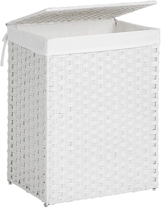 Wäschekorb handgeflochten, 90 L, Wäschesammler aus synthetischem Rattan, mit Deckel und Griffen, faltbar, Wäschesack herausnehmbar, weiß