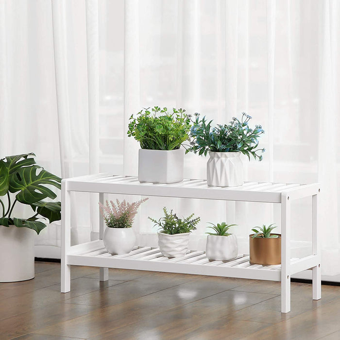 Schuhregal aus Bambus, Schuhablage mit 2 Ebenen, Schuh-Organizer, Regal für Schuhe, Pflanzen, Bücher, Wohnzimmer, Flur, Schlafzimmer, weiß