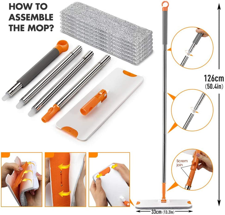Bodenwischer mit Eimer Set, Flacher Wischmopp und 6 Mikrofaser Pads, Flachmopp für Bodenreinigung - Hergeben 1 Reinigungsbürste