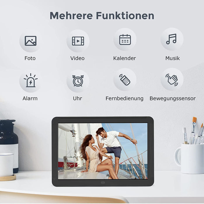 Digitaler Bilderrahmen 8 Zoll, Elektronischer Bilderrahmen mit 1920x1080P HD IPS Screen, Fernbedienung Einfache Einrichtung Video Musik Foto Kalender