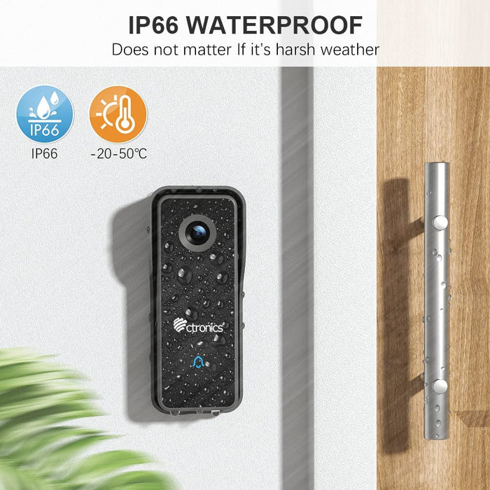 WLAN Video Türklingel mit Kamera, Ctronics Kabellos Video Doorbell Akku mit Gong/Klingeltönen, Anti-Diebstahl-Alarm und PIR Menschenerkennung