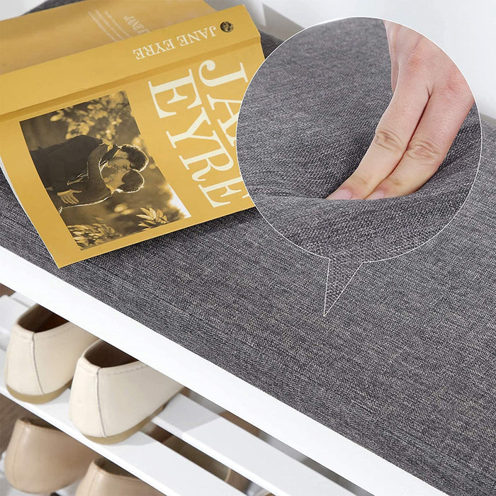 Schuhbank aus Bambus, Schuhregal mit 2 Regalebenen, Sitzbank, für Flur, Wohnzimmer, Sitzfläche bis 150 kg belastbar, 71 x 29 x 49 cm, weiß-grau