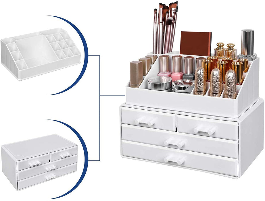 Make-up, Kosmetik-Organizer mit 4 Schubladen und 16 Fächern in unterschiedlichen Größen, rutschfeste Einlagen, für Schminke und Schmuck, weiß