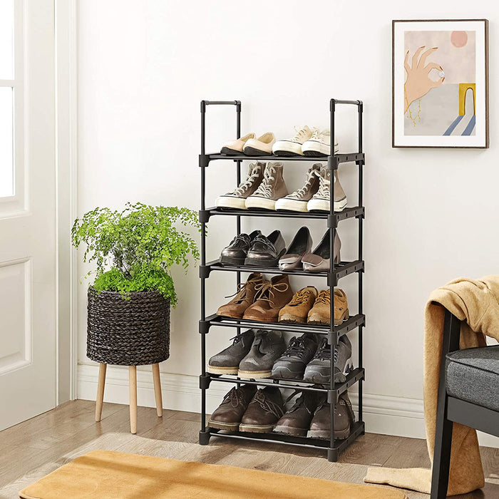 Schuhregal mit 6 Ablagen, Schuhständer aus Metall, platzsparendes Standregal, multifunktional, Flur, Wohnzimmer, Schlafzimmer oder Küche, 45 x 30 x 106 cm, schwarz