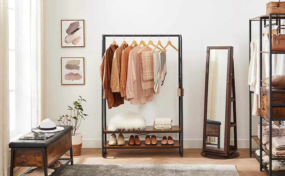 Kleiderständer, Garderobenständer, Garderobe, 2 Ablagen, 6 Haken in S-Form, Stahlgestell, für Schlafzimmer, Flur, Eingangsbereich, Industrie-Design