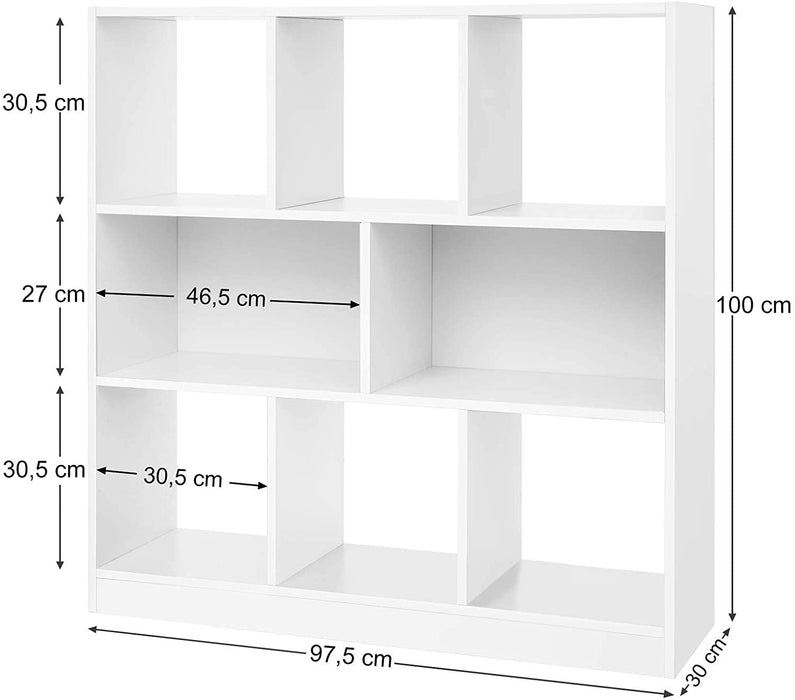 Bücherregal, Würfelregal, Standregal, mit offenen Fächern, für Wohnzimmer, Arbeitszimmer, Kinderzimmer, Büro, als Raumteiler, 97,5 x 30 x 100 cm weiß