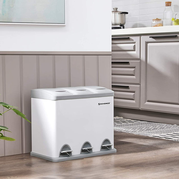 Mülleimer für die Küche, Treteimer aus Metall, 3-in-1 Abfalleimer, 24 Liter, Mülltrennung, Mülltrennsystem, einfach zu reinigen, Stahl, weiß-grau