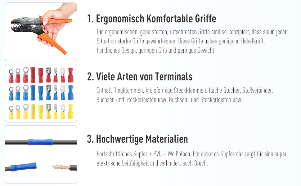Crimpzange Kabelschuhe Set,27 Arten von Flachstecker AWG22-10(0,5-6 qmm) Kabelschuh Sortiment Kabelschuhzange mit 800 Stück Aderendhülsen Set