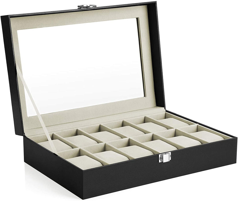 Uhrenbox mit 12 Fächern, Uhrenkasten mit Glasdeckel, Uhrenkoffer mit herausnehmbaren Uhrenkissen, Weihnachten, Uhrenschatulle, PU-Bezug